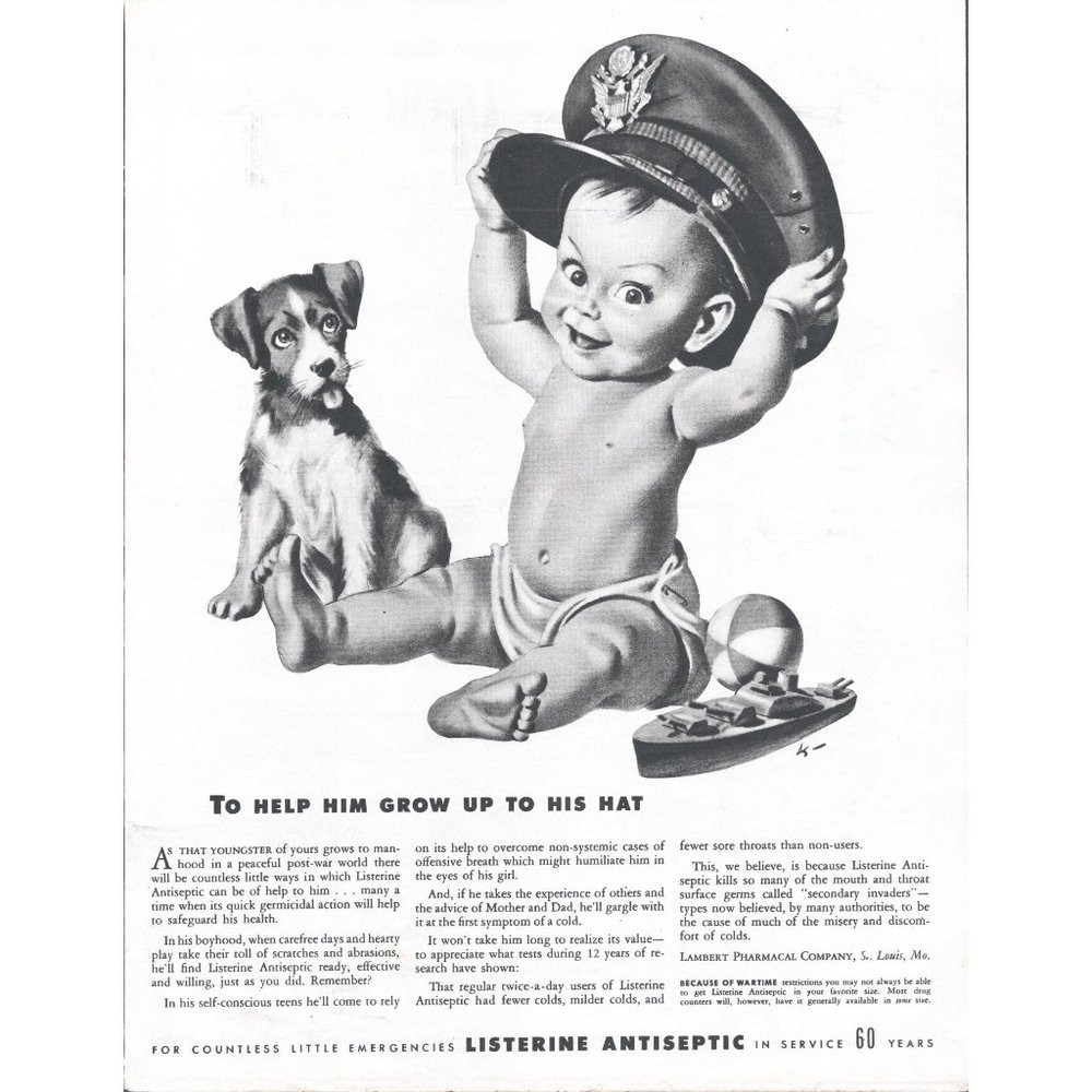 1944 Listerine Baby Boy Puppy Dog Captain Hat Vintage Print Ad WW2 Navy Wall Art